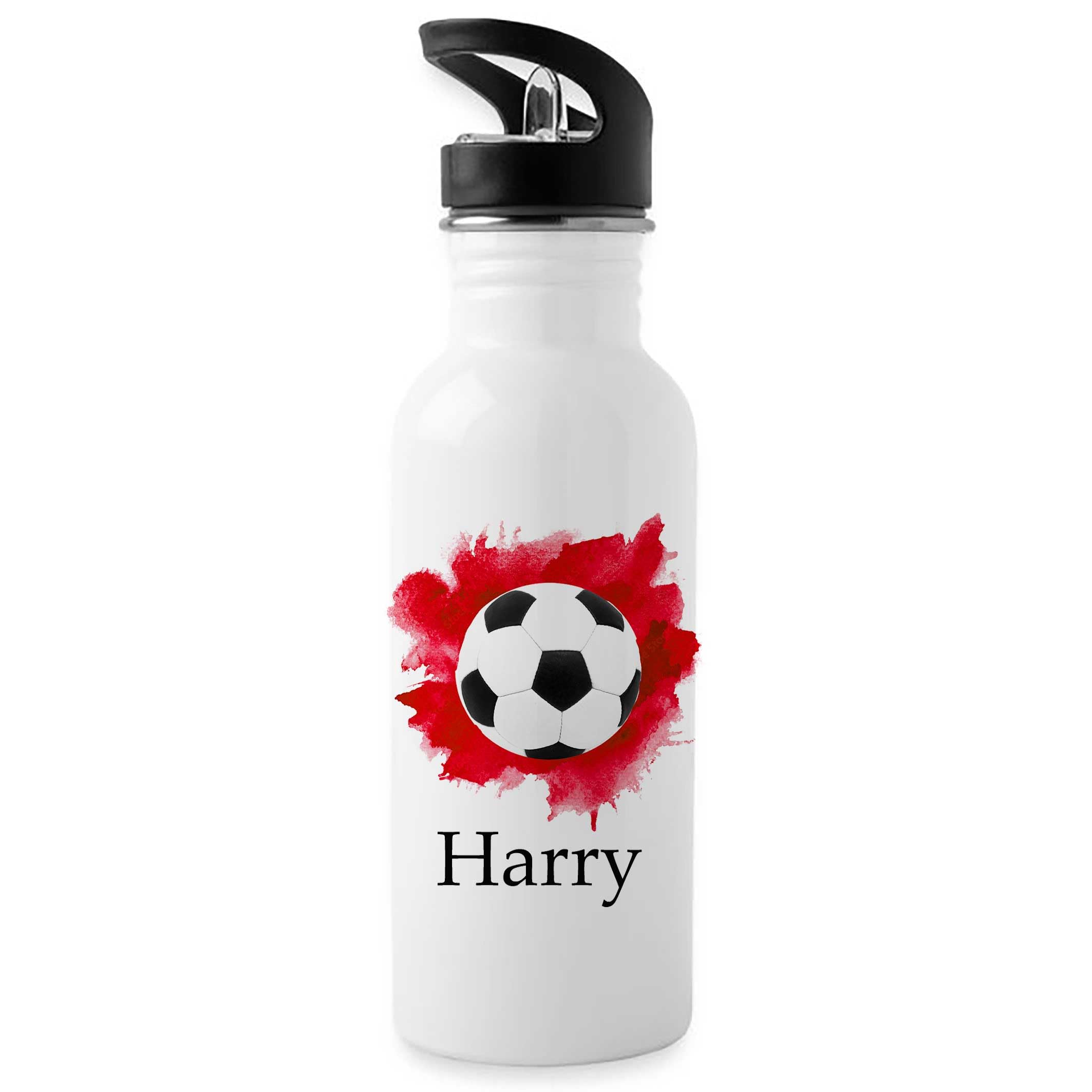 Tigerlilyprints Personalised Boys Water Bottle 500ml with Straw Lid – Custom Name Aluminium Drinks Bottle – Kids School Sports Gym Outdoor Football Design – Birthday Gift for Boys UK (footballred)