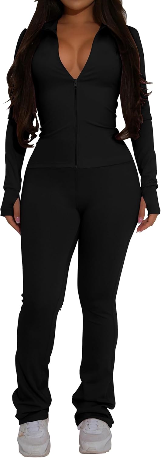 PINSV Women's 2 Piece Outfits Long Sleeve Zip Up Jacket Flare Pants Matching Tracksuit Set - Image 2