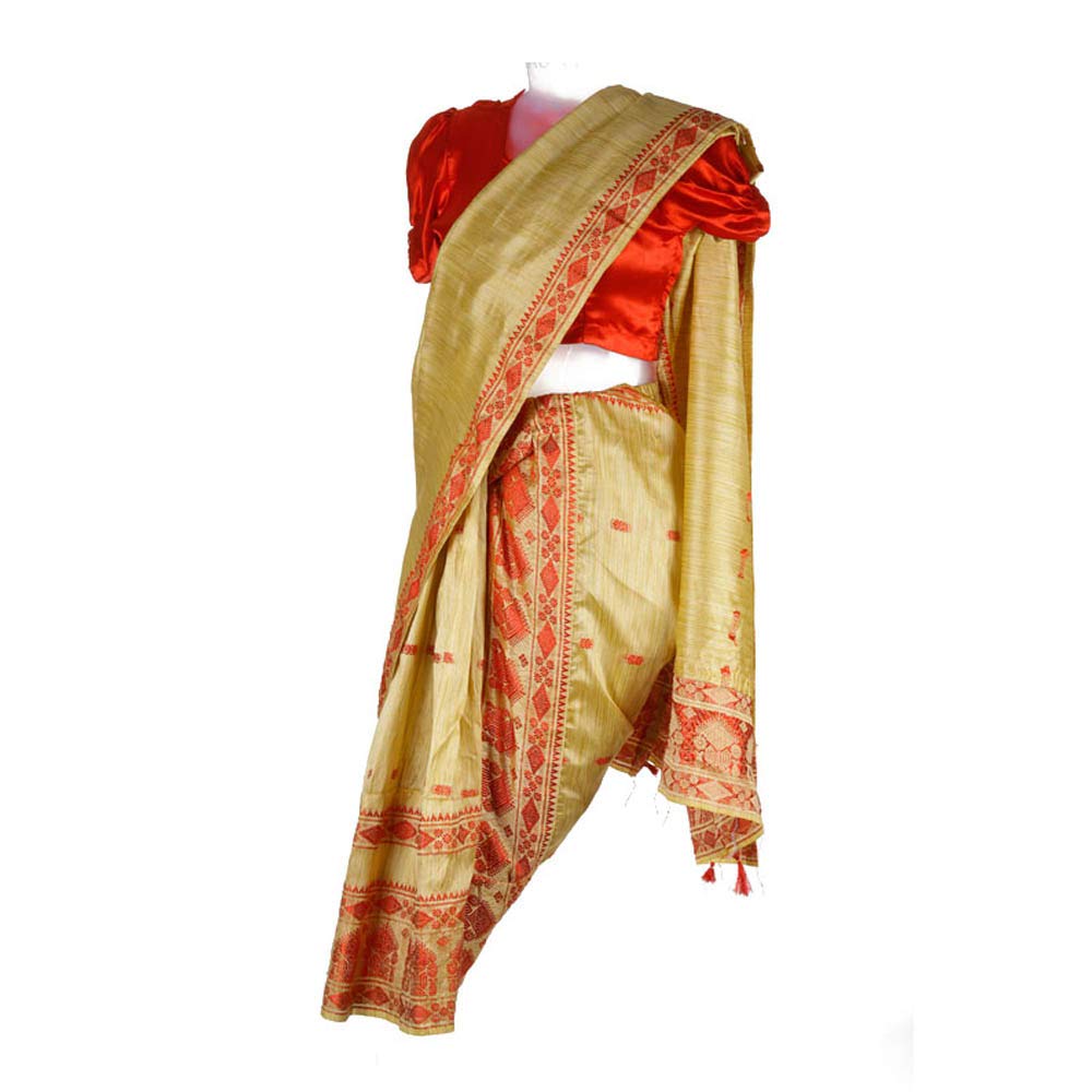 ITSMYCOSTUME Indian Classical Dance Bihu Dance Girl Beige and Red Saree Blouse Kids Fancy Dress Costume - (Material: Dupian) Size 9-11 Years (B084H9KJ6X) Amazon Price History, Amazon Price Tracker