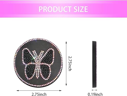 Miniatura 2 de ZBGUN 2 posavasos brillantes para consola de automóvil, 2.75 pulgadas, incrustados de diamantes de imitación, en forma de mariposa, PVC, goma suave,