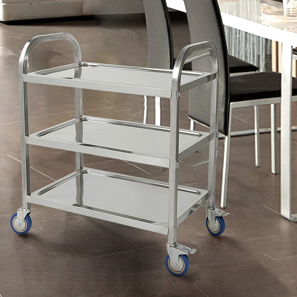 LANTUS Catering Carrello Portavivande Carrello di Servizio Carrello Cucina (Acciaio Inox, 3 Ripiani, 150 kg Portata Massima, 4 Ruote, Spessore Vassoio-Carrello da Pranzo in Acciaio Inossidabile