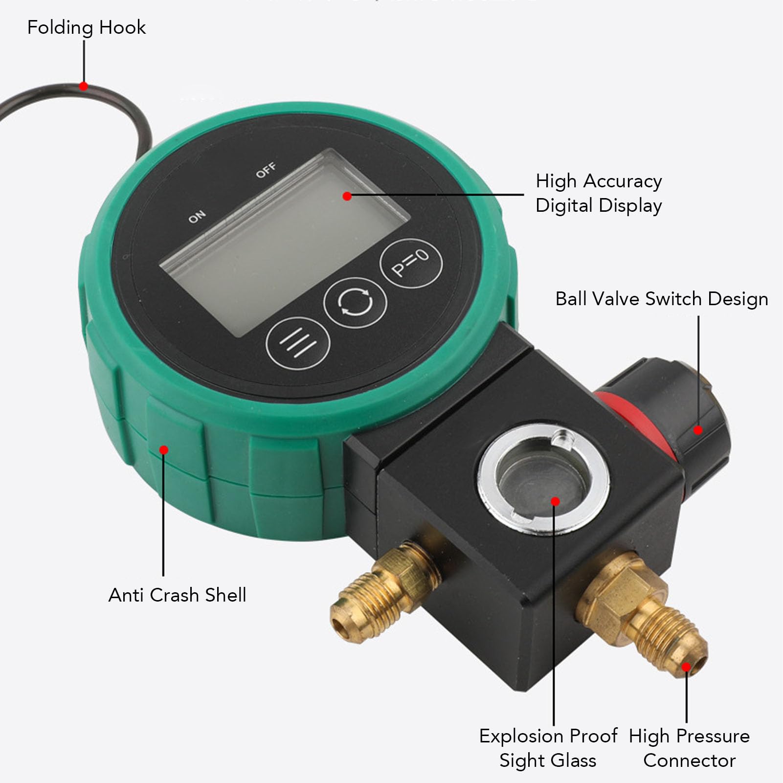 Manómetro digital HVAC, sensor de alta precisión, medidor de vacío con manguera y adaptador, apagado automático, alarma de sobrepresión para refrigerante R22, R32, R410A