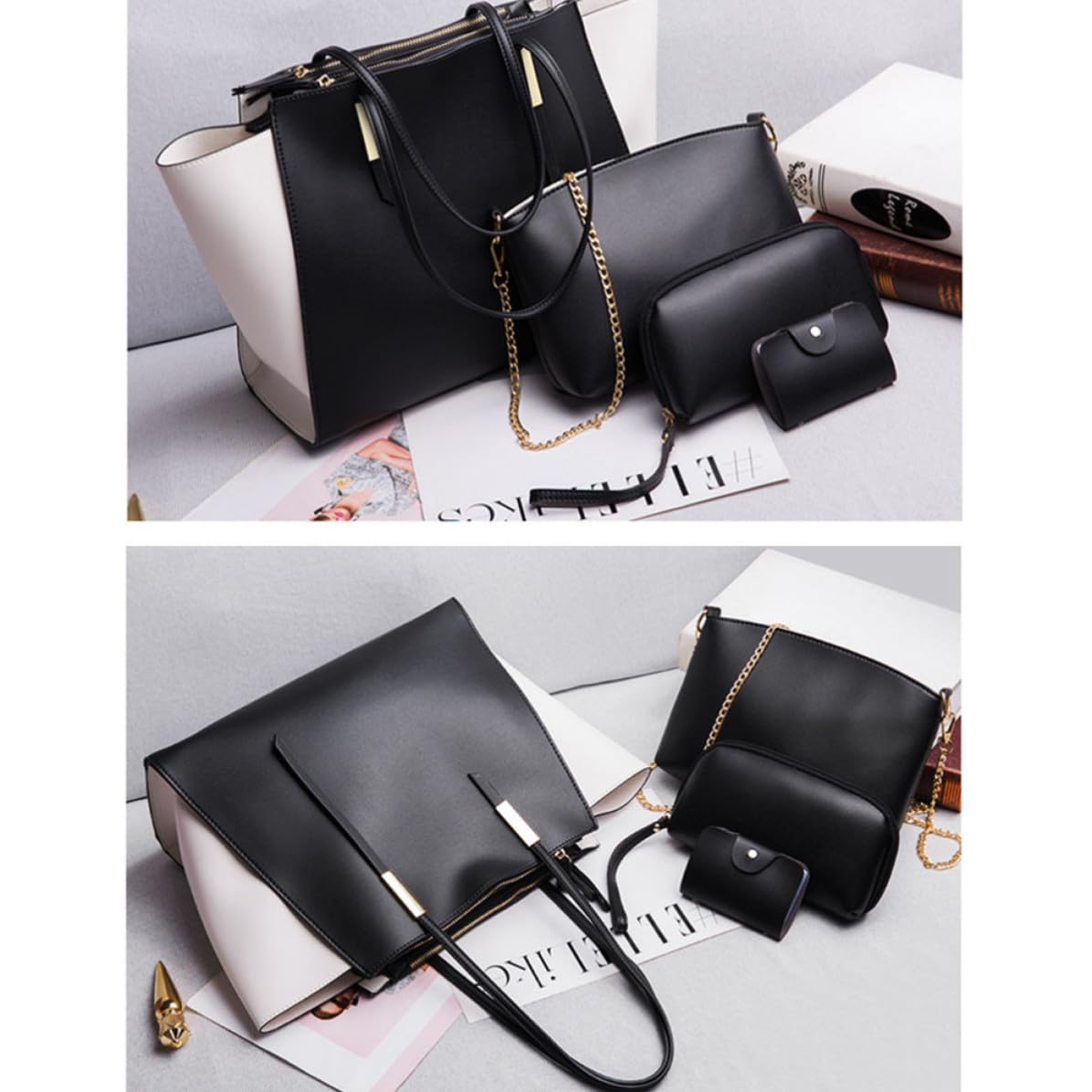 4 Pezzi Set Borsa Donna in Pu Nero Elegante Capiente per Viaggio