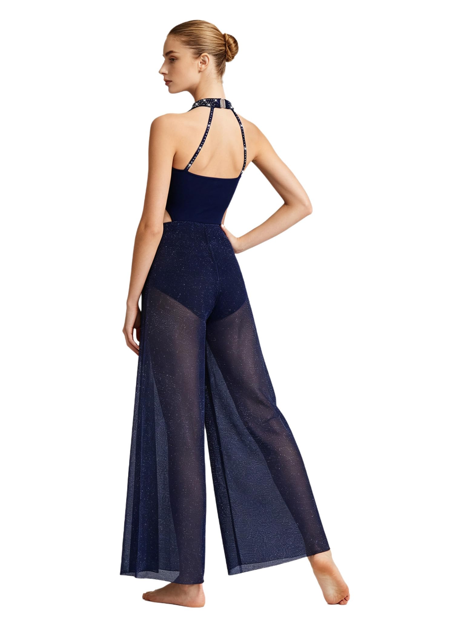inlzdz Donna Tuta Intera Ginnastica Artistica Jumpsuit Pattinaggio Latino Blu Navy 3XL