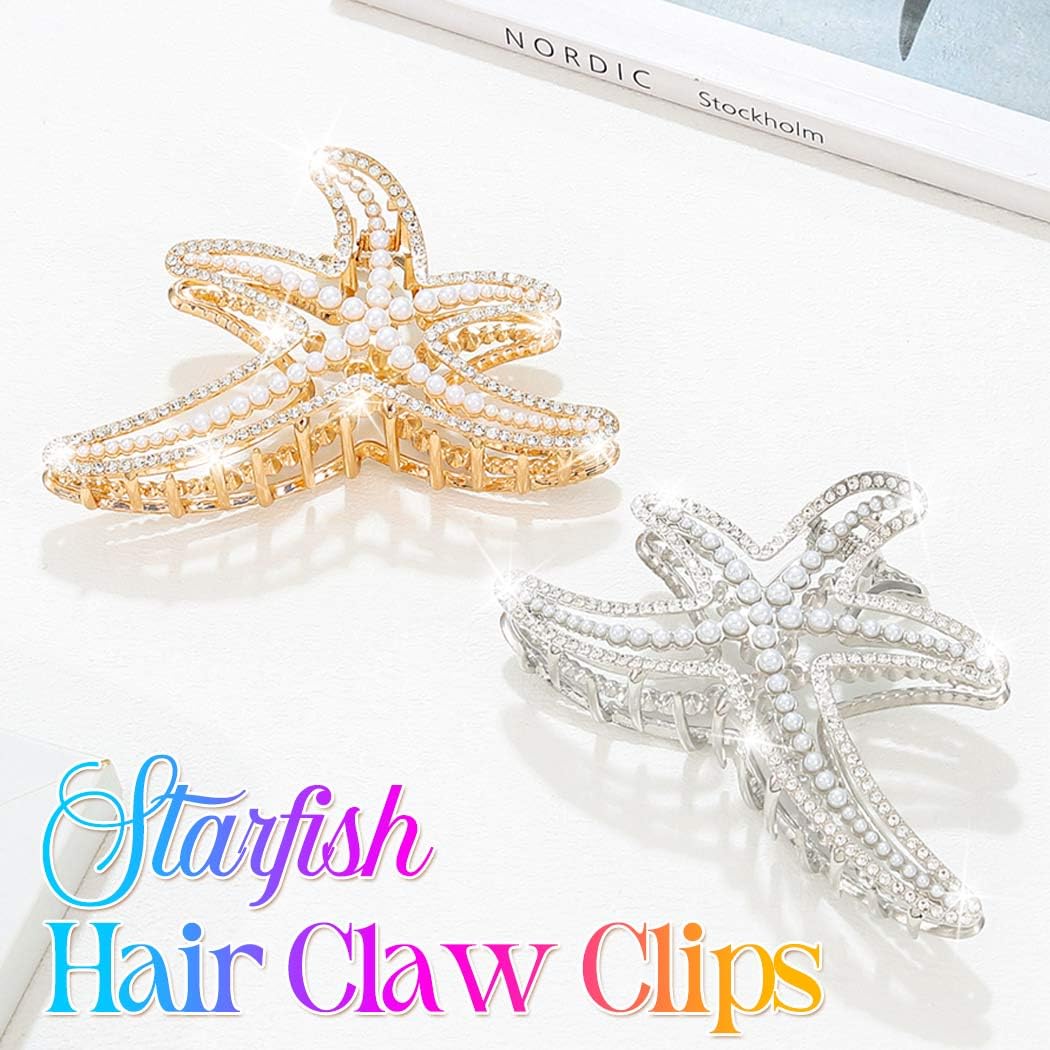 Zoestar Starfish Hair Claw Clips Pearl Hair Clip Claw Gold Metal Hair Clips Rhinestone Hair Accessories for Women and Girls (Pack of 2) - Image 2