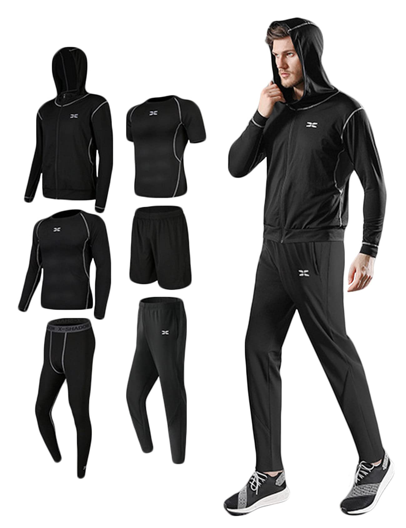 Jueshanzj Ropa de fitness medias de los hombres equipo de gimnasio correr baloncesto entrenamiento de secado rápido traje deportivo, Black-6-piece set, XL