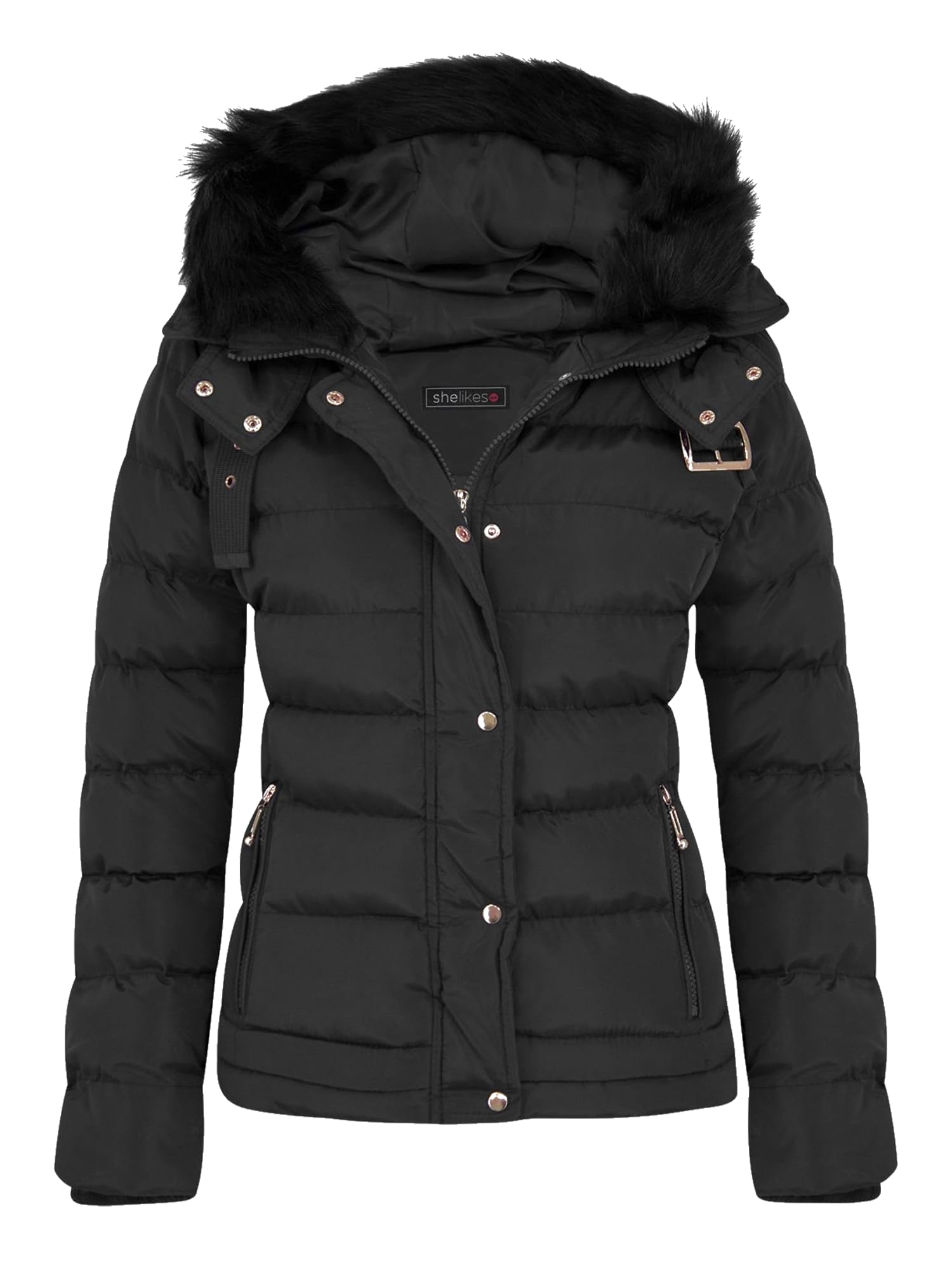 shelikes Womens Hooded Winter Jacket Quilted Padded Warm Coat Parka Jacket With Faux Fur Hood & Zip Pocket