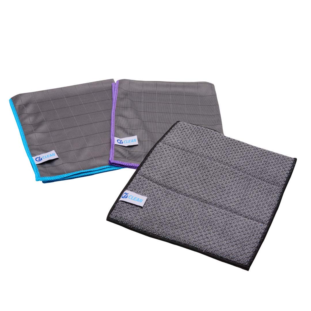 4Clean® pre-cleaning cloths and lint-free carbon microfibre cloths for professional cleaning, streak-free multi-purpose cloths for kitchen, car, bathroom, window (set of 3, 2 cloths + 1 sponge)