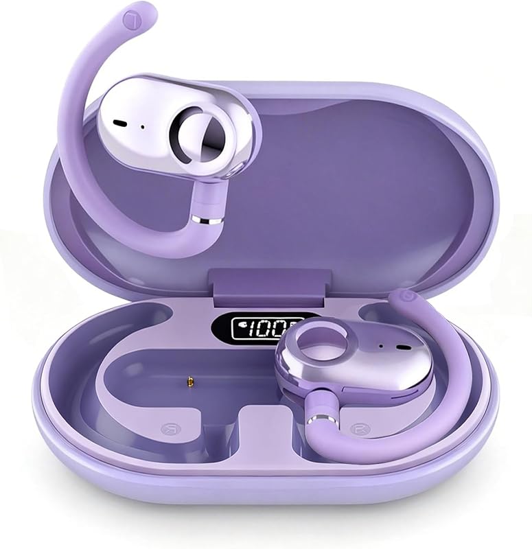 Purple Over Open Ear Earbuds Sport Headphones Bluetooth Wireless Outside | Out of Ear Buds Hook for Runners Wrap Around Ears Air Bone Conduction Headsets Workout Sports Eabuds Earphones with Earhooks