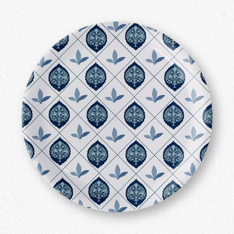 Nestroots Elegant Blue and White Plate Blue Pottery Inspired symmetry tree floral plate Design Porcelain Wall Plate for Living Room | Elegant Round Design for Bedroom, Hall, Office | 10 Inches