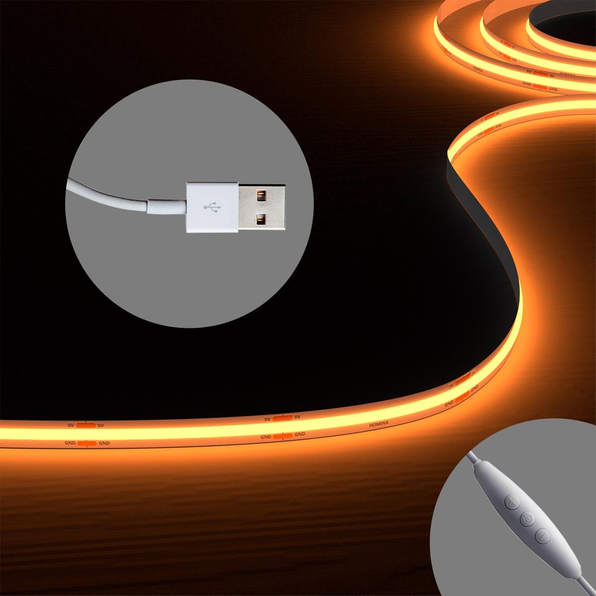 HOMINA COB LED Strip Lights with 3Key Memory Dimmer, USB 2M/6.6FT Ultra Bright 2700K, 90+ CRI LED Tape Lights
