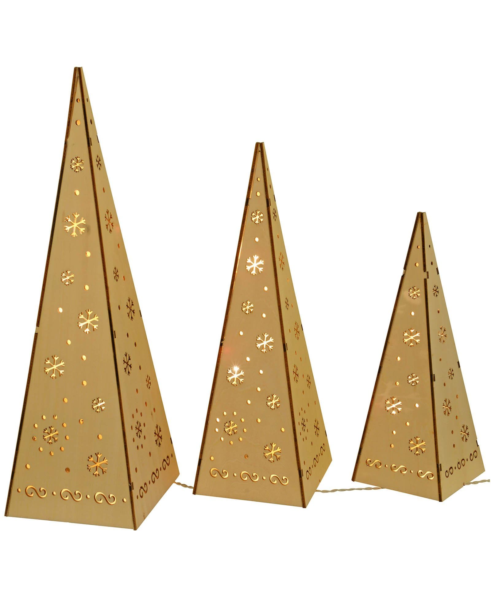WeRChristmas Wooden Pyramid Christmas Trees with Warm White LED Lights Decoration - Multi-Colour, Set of 3