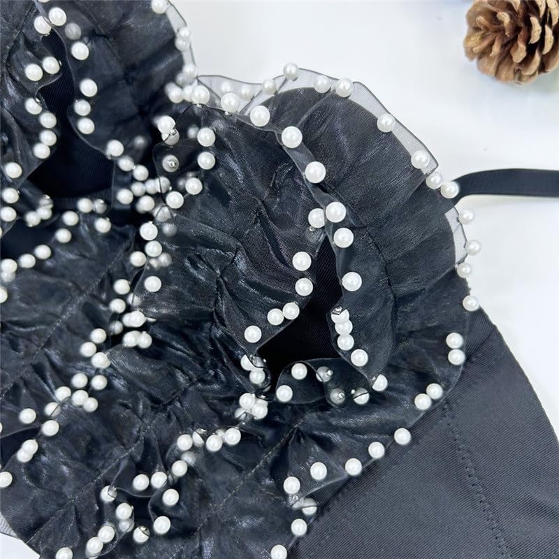 Organza Splicing Vest Lace Ruffles Chest Wrap Slimming Elastic Pearl Lace Suspenders Outer Wear Tube Top for Women(D,36b)