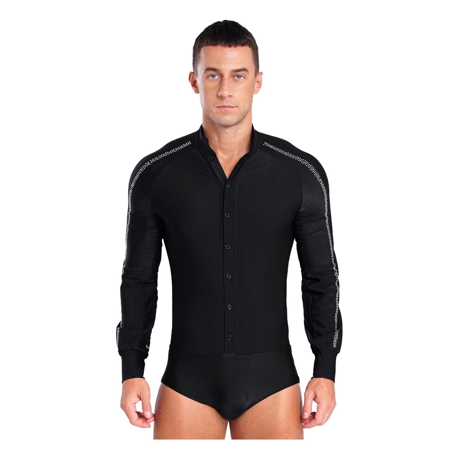 Maillot de Danza para Hombres Traje de competición de Ballet Latino for Hombre, Manga raglán, Cuello Alto, Botones y Brillantes Diamantes de imitación(Black,L)