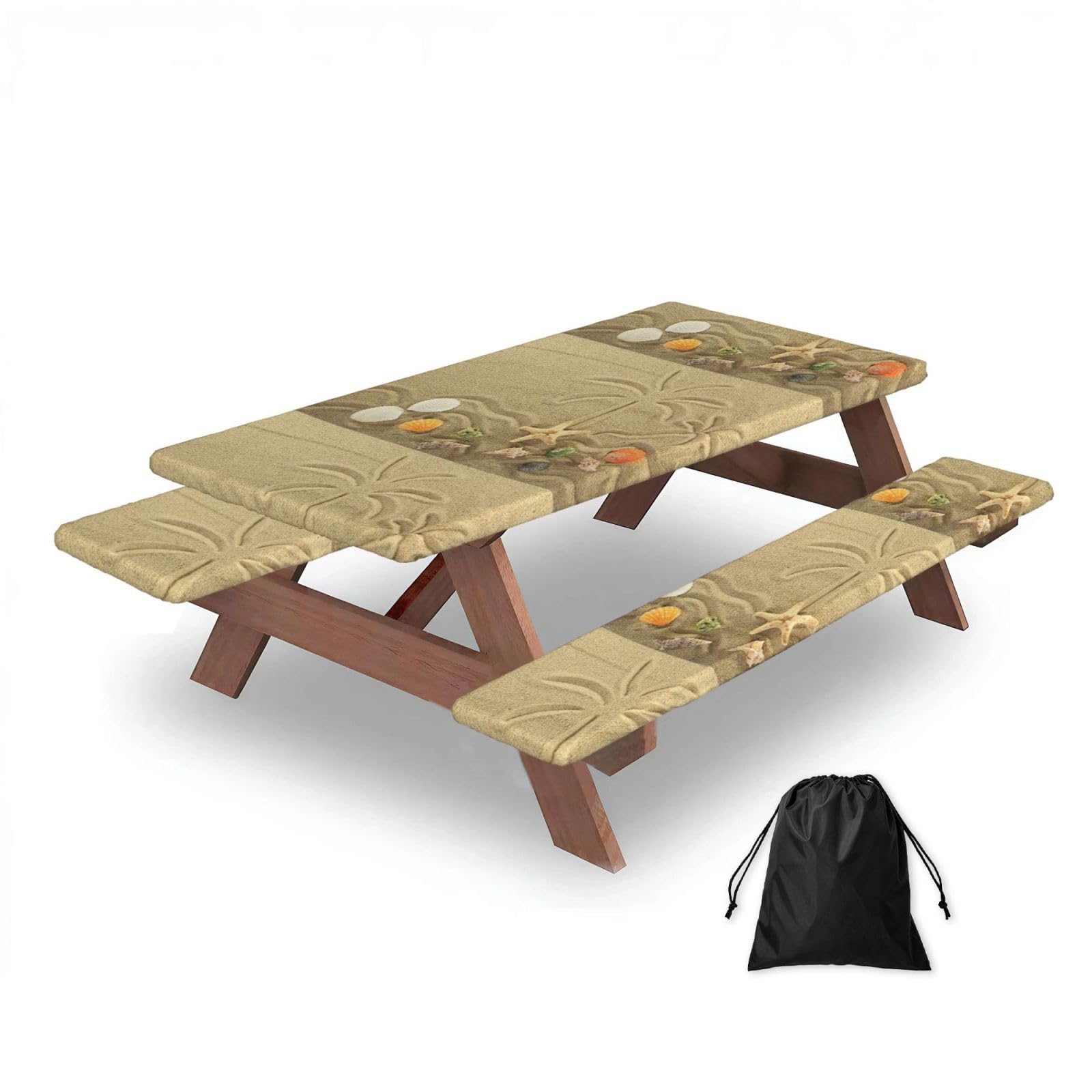 Dopklna As Picture Beach And Palm Trees, Picnic Table Cover With Bench Covers -Waterproof Elastic Fitted Tablecloth For Garden Camping Patio 76X152cm