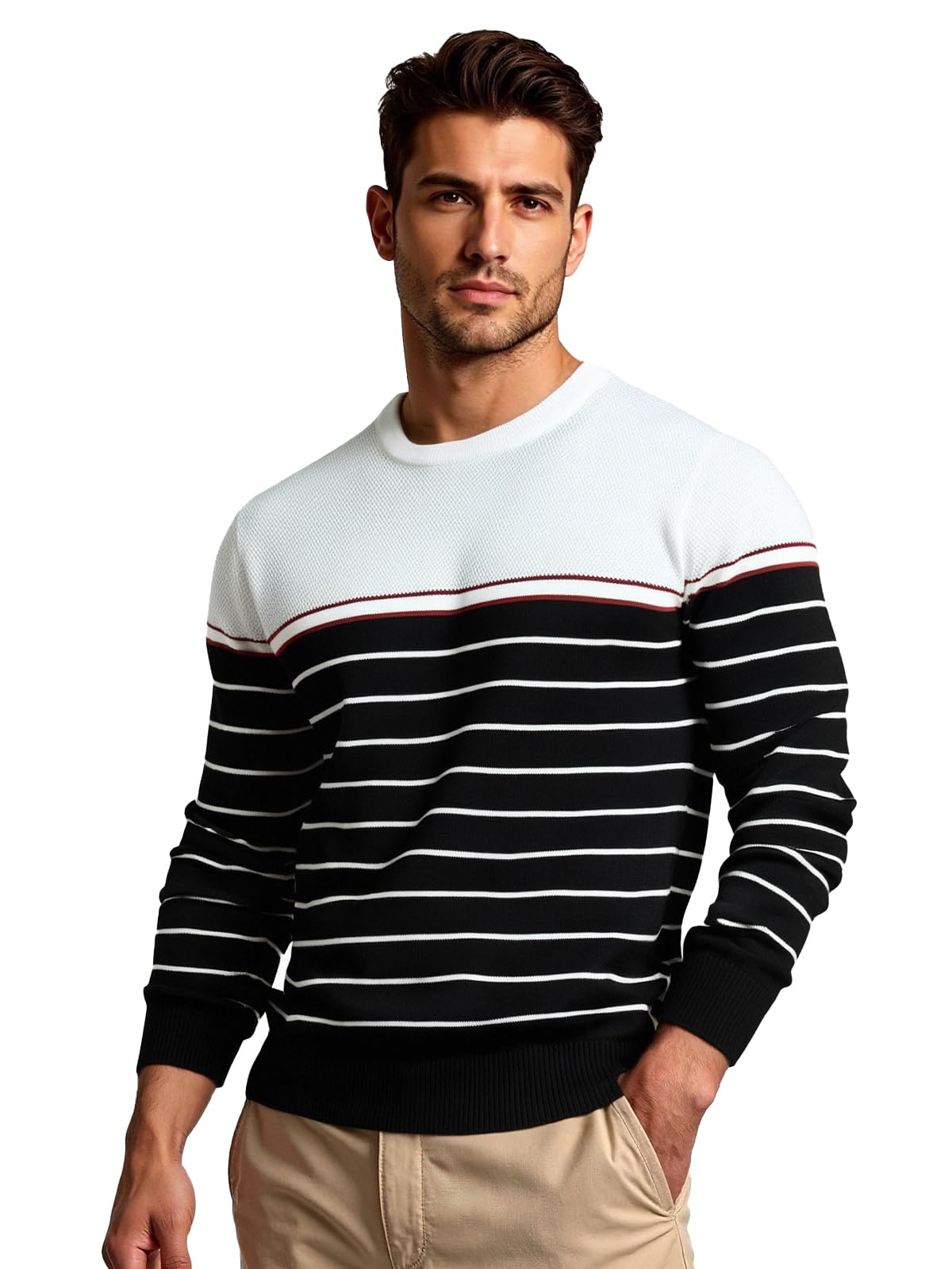 Pull Rayé pour Homme Manches Longues col Rond Bloc de Couleur Tricoté Pull Décontracté Automne Hiver Pul Hauts à Porter au Quotidien