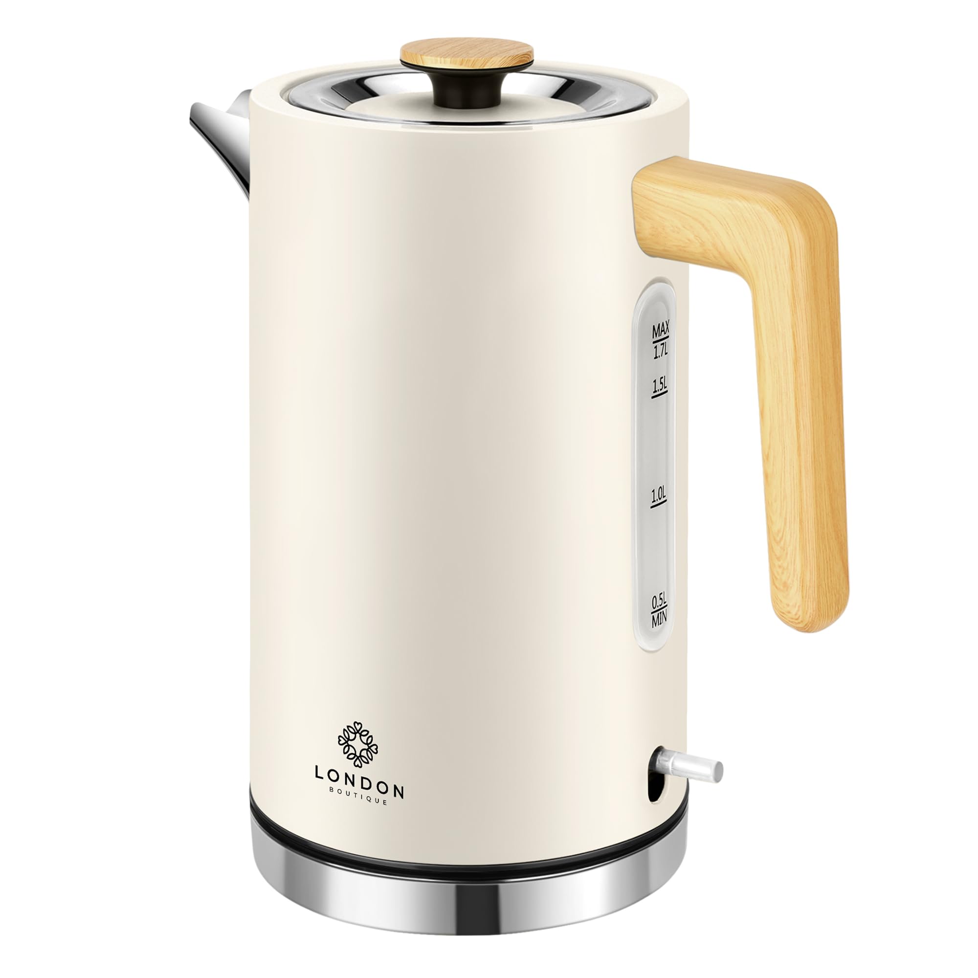 London Boutique Electric Kettle, Stainless Steel kettles Electric, Cordless Fast Boil Electric kettle with Wood Effect, Boil Dry Protection, Anti-Scale Filter, UK Strix Controller,3KW Cream
