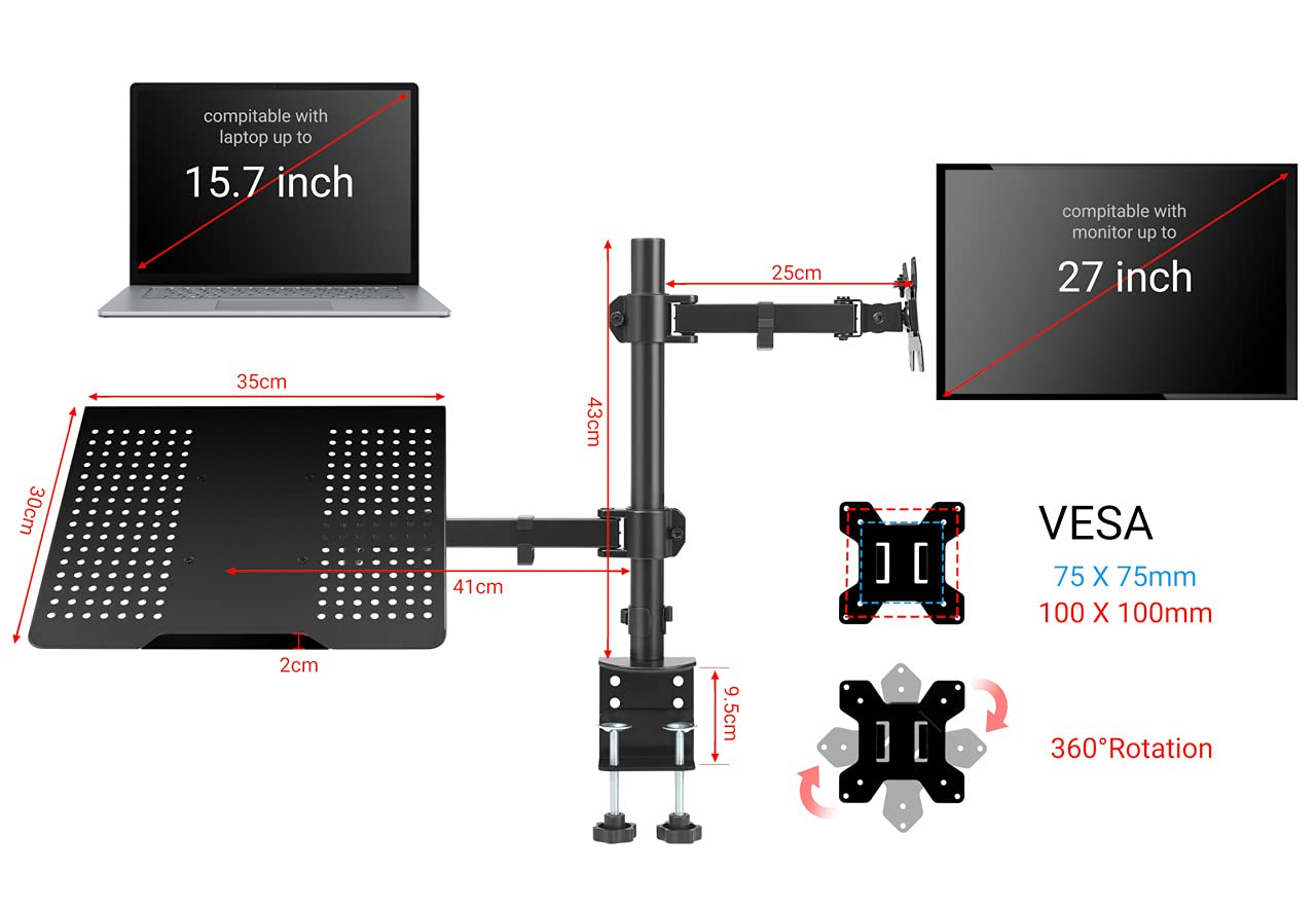 ENAVANT Metal Adjustable Single Monitor Stand with Laptop Tray, Fit 13 To 27 Inch LCD Monitor and Up to 17” Laptop, Adjustable Height, Tilt, Swivel, 360 Degree Rotation (Single Monitor Arm and Laptop