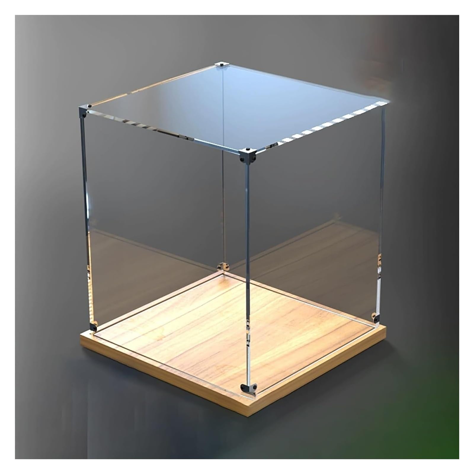 Clear Plastic Showcase, Acrylic Display Case Self-Assemble Stackable Transparent Wooden Base Multi-Size(15x15x25cm(6"x6"x10"))