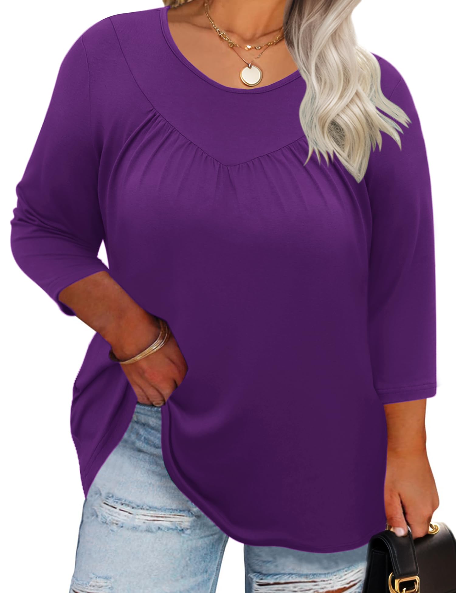 TFSDOD Womens Plus Size Tops 3/4 Length Sleeve Blouses Crew Neck Shirts Casual Loose Tunic Tops 1X-5X