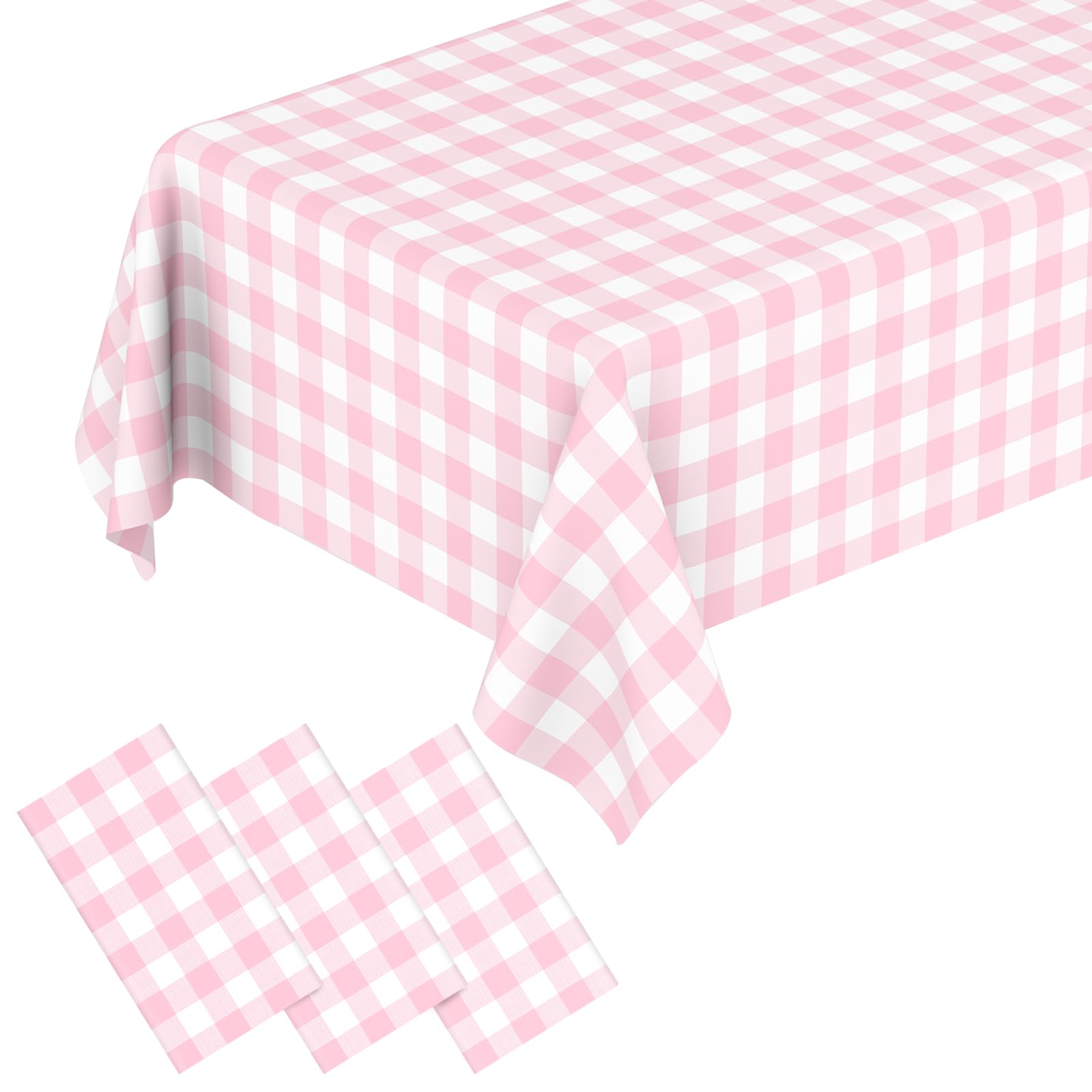 3 Pcs Pink Gingham Tablecloth Disposable Plastic Checkered Table Cloths for Parties Disposable, Waterproof Rectangular Pink & White Table Cover for Camping, Birthday, Party, Picnic 54 × 108 Inch