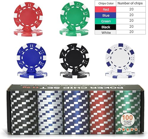 Vista 8 de 100 fichas de póquer profesional con caja de almacenamiento, juego de fichas de póquer de casino de 5 colores, fichas de póquer de casino compuestas