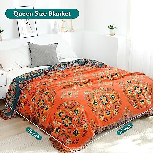 Bohemian Throw Blanket, Moduskye Orange Vintage Blankets 78X90 Inch Natural Cotton Mandala Queen Blanket Quilt For Bed Couch, Reversible Cozy Soft Bed Coverlet #TOP2