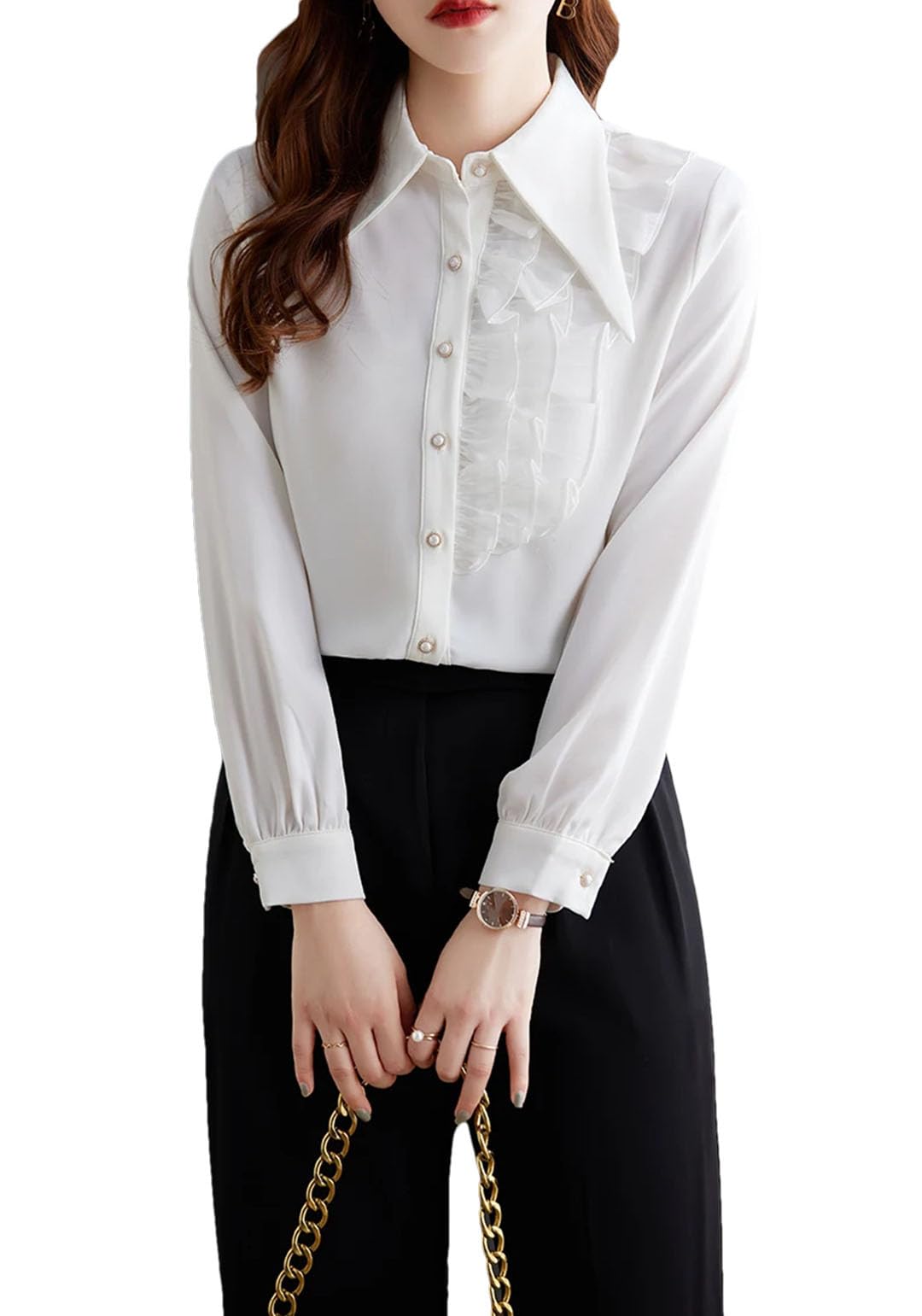 Camisa de manga larga para mujer, blusas formales de gasa para oficina y trabajo