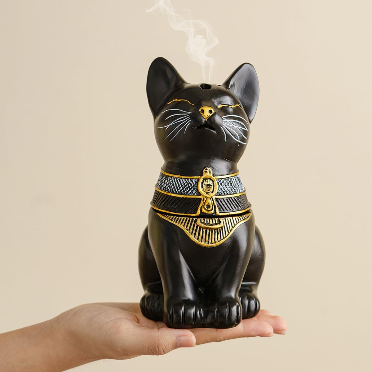 Egyptian Cat Statue Incense Burner, Vintage Resin Meditating Cat Incense Cone Holder, Home Office Aromatherapy Decor for Zen Yoga Spa (Black)