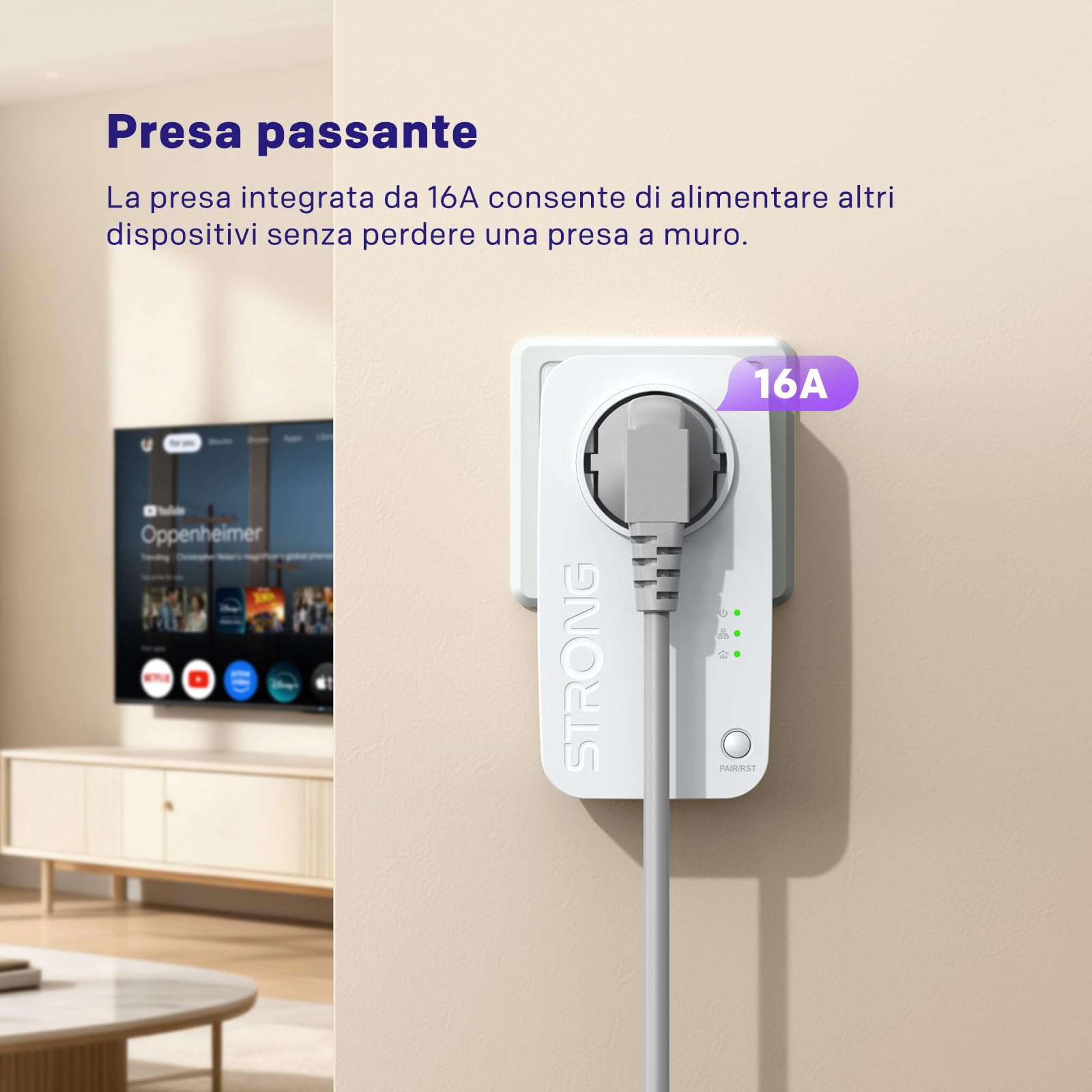 Strong AV600 Adaptador Powerline Set con Enchufe, PLC HomePlug AV2, Sin WiFi, Plug & Play, Enchufe Integrado, Modo de Ahorro de Energía, Puertos LAN 100 Mbit/s, Internet por Red Electrica (PL600S)