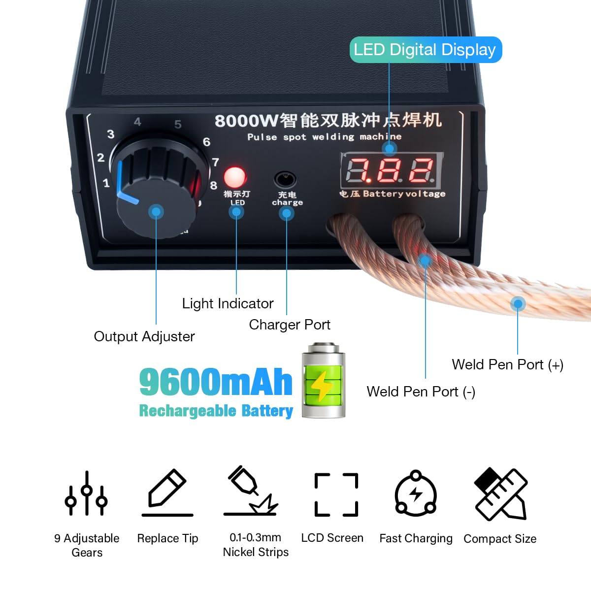 Hosyond Soldador por puntos de batería de mano de 8000 W, kit de máquina de soldadura portátil de bricolaje, soldador por puntos de alta potencia con tira de níquel para batería 18650