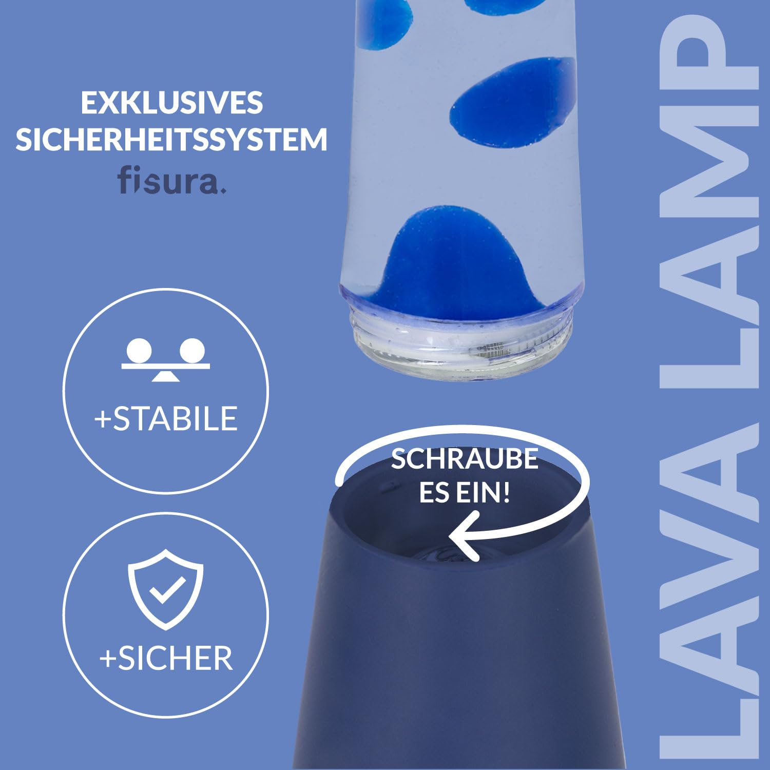 Fisura – Lava Lampe blau. Blaue Basis und Lava mit transparentem Flüssigkeit schaffen eine entspannende Atmosphäre für jedes Zimmer. Mit Ersatzbirne für eine längere Nutzung. Maße: 11 x 11 x 39,5 cm.
