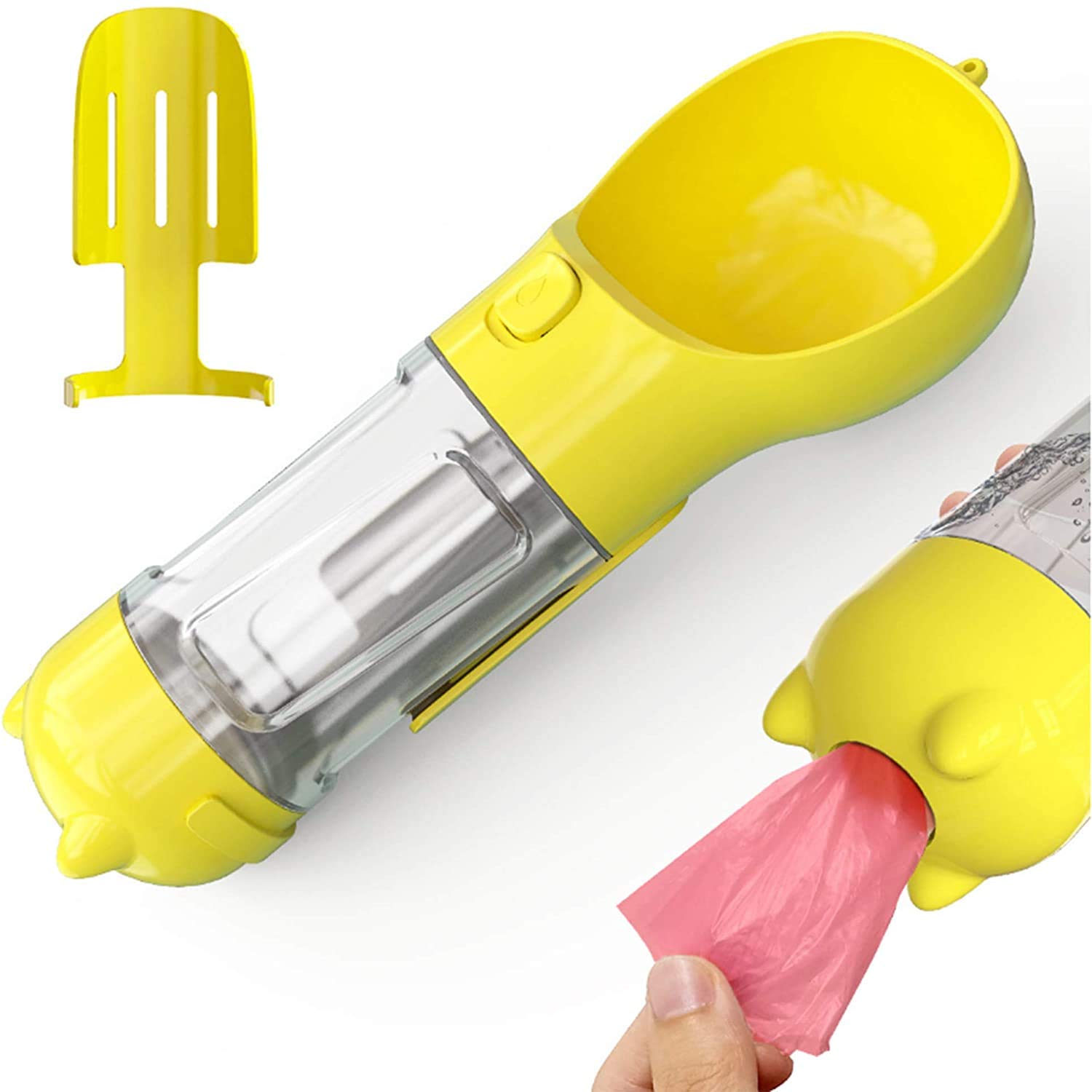 Portable Dog Water Bottle with Poop Bag Dispenser and Scoop Dog Cat Outdoor Travel Drinking Bottle Food Grade Plastic (Yellow)