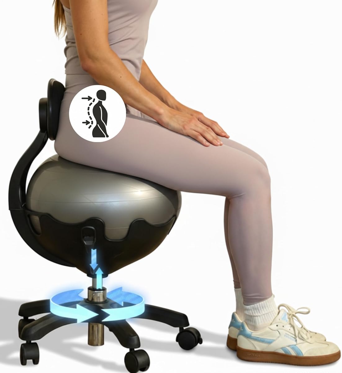 Aeromat Elite Yoga Ball Chair Active Sitting & Adjustable Height 250lbs Cap | Lockable Wheels, Ergonomic Desk Chair, Anti-Burst Removable Ball. Posture Strengthening, & Core Relief, for Office & Home Use