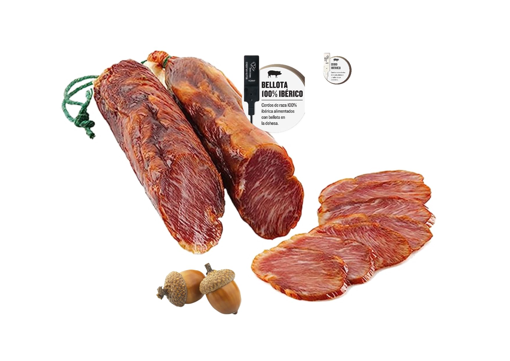 Lote de 5 sobres de jamón ibérico de cebo cortado a cuchillo, lomo ibérico de bellota 100% puro y regalo cuña de queso artesanal