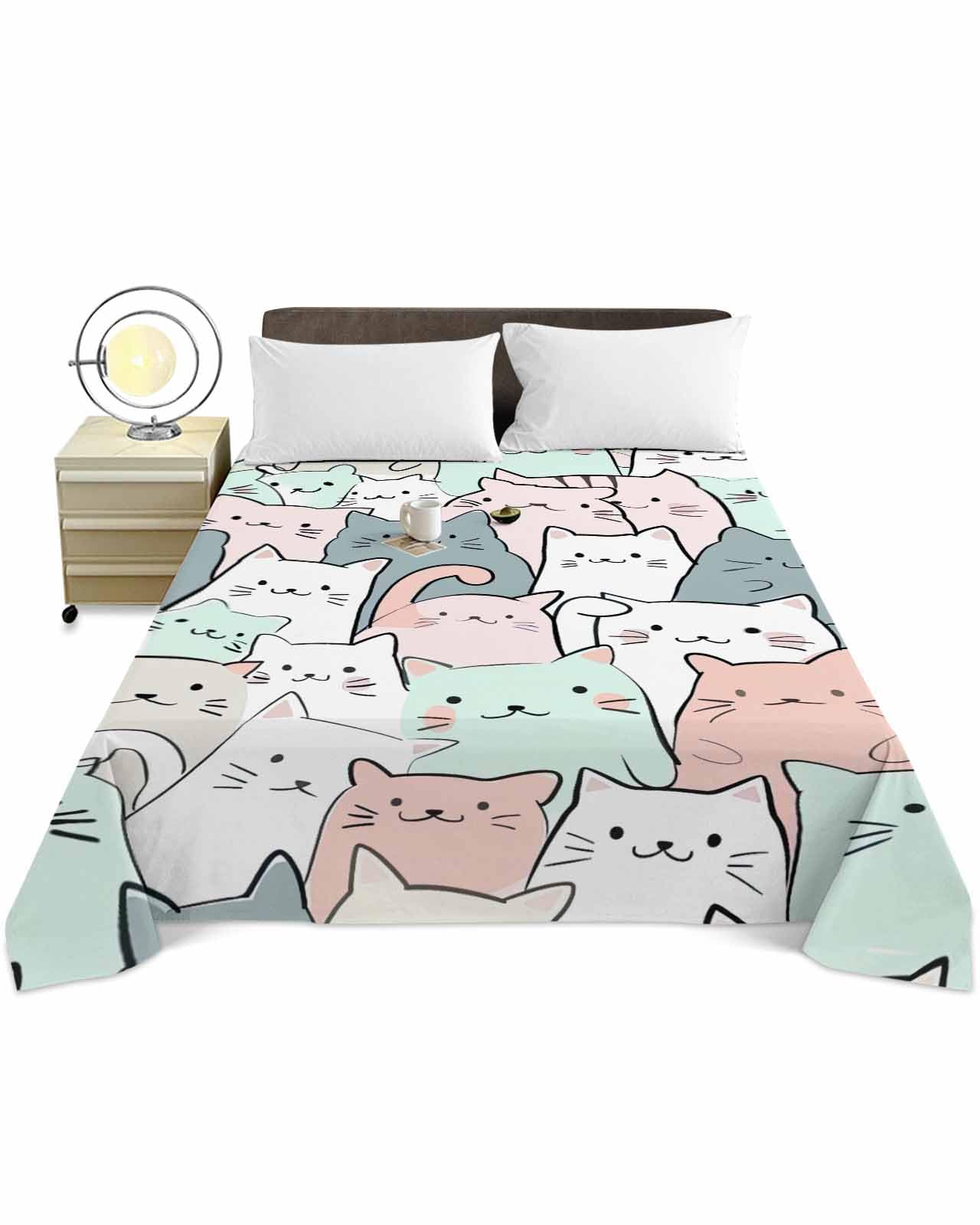 Twin Top Sheets Easy Care, Cute Cat Cartoon Animal Super Soft Bed Sheets, Funny Colorful Kittens Hotel Luxury Bedding Flat Sheet for Women/Men/Kids