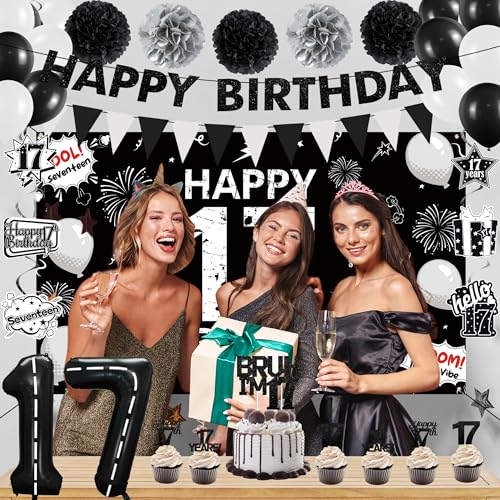 Image of Holkcog 17th Birthday Decorations for Boys Girls, Black 17th Birthday Decorations Supplies, 17 Number Ballons Gifts, Black Glitter Bruh I'm 17 Cake Topper Cupcake, Bro I'm 17 Party Backdrop Banner