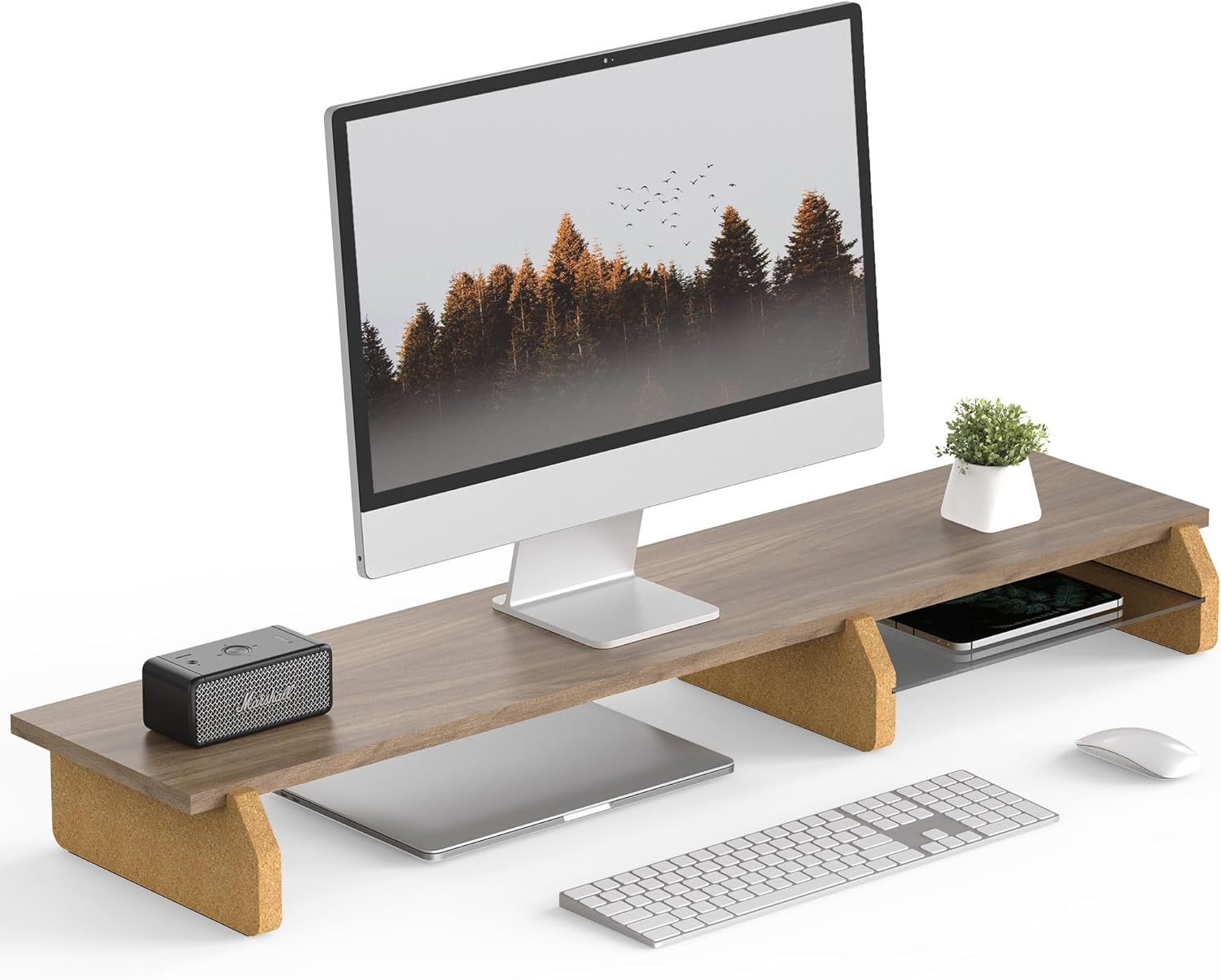 Fenge Monitorstandaard, Monitorverhoger met Dienblad en Organizer, Hout