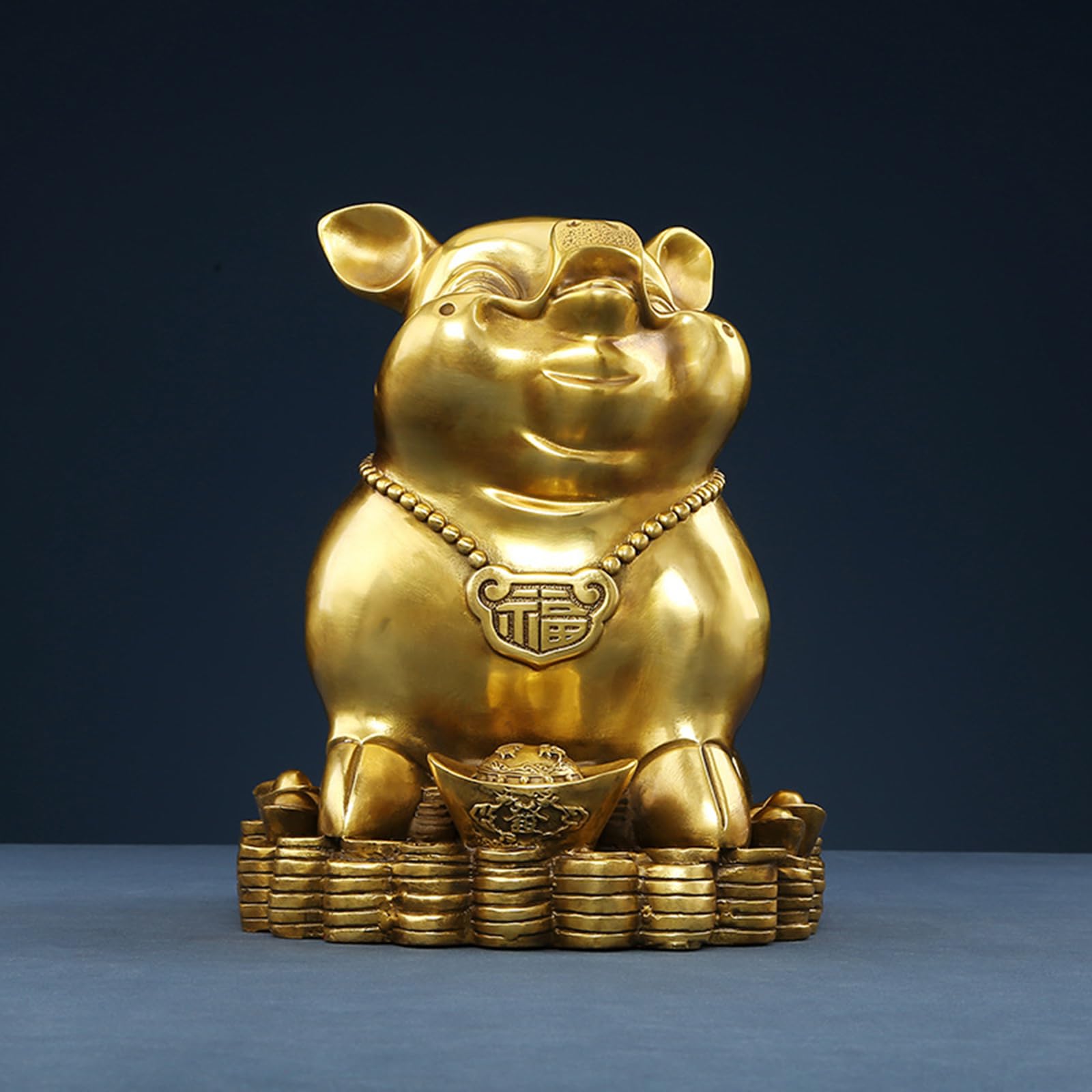Mosiężna statua świni bogactwa Feng Shui figurka szczęśliwej świni | Z monetami Złota sztabka Baza Premium Miedź Ozdoba dekoracyjna do salonu, biurka, biura