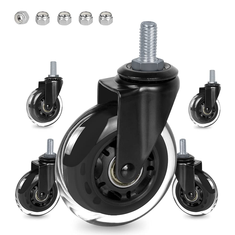 3" Thread Screw in Office Chair Caster Wheels, 3/8"-16x1"(Not Metric M10), Safe for All Floors, PU Rubber Furniture,Carts Stem Caster Wheels,No Scratch,650Lbs Weight Capacity