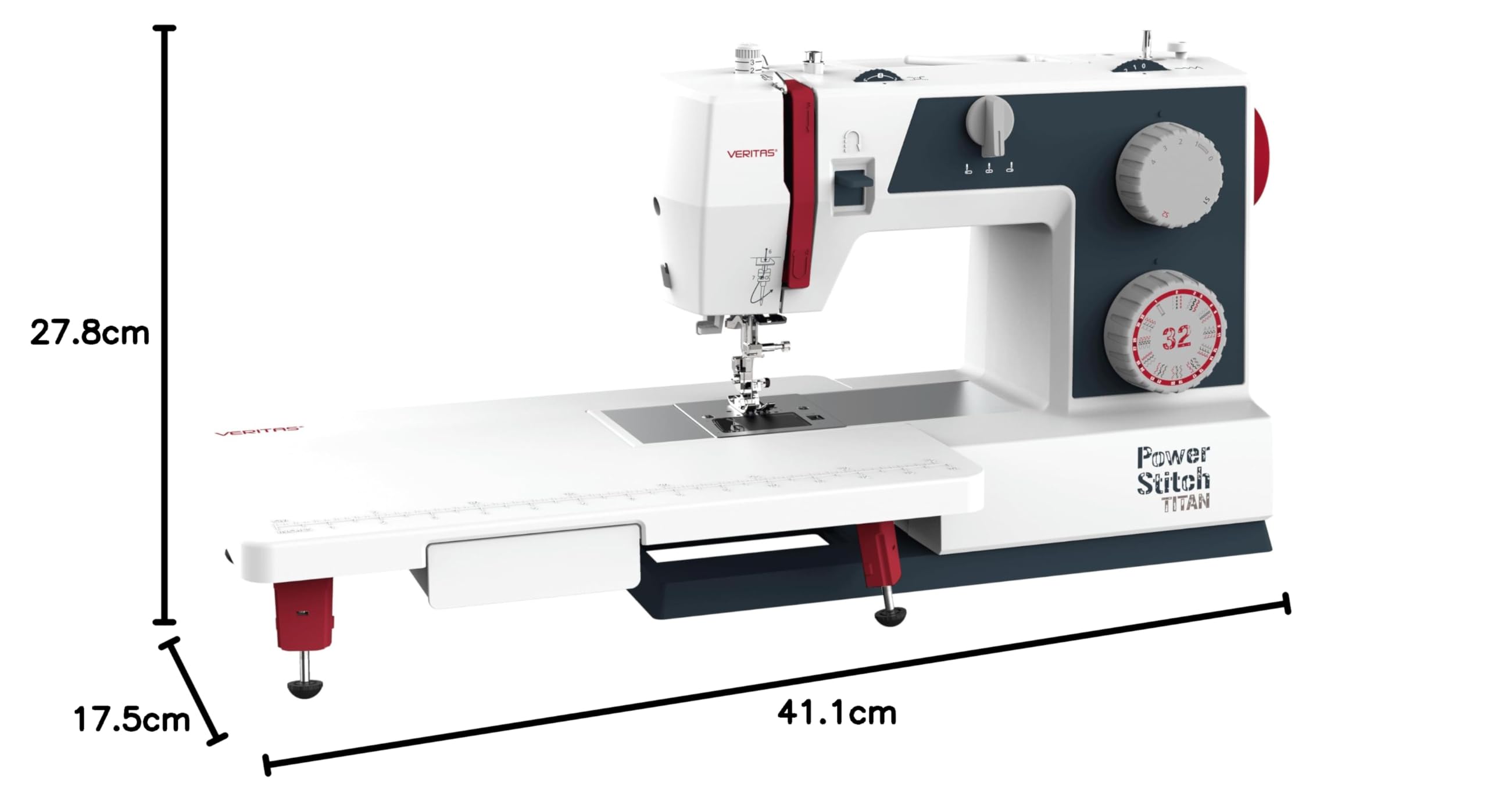 VERITAS Power Stitch 32 Titan I 32 Stichmuster I Einstellbarer Nähfußdruck I 1.000 Stiche pro Minute I mit Freiarm-Funktion & Anschiebetisch I für dicke Stoffe wie Jeans, Leder, Canvas