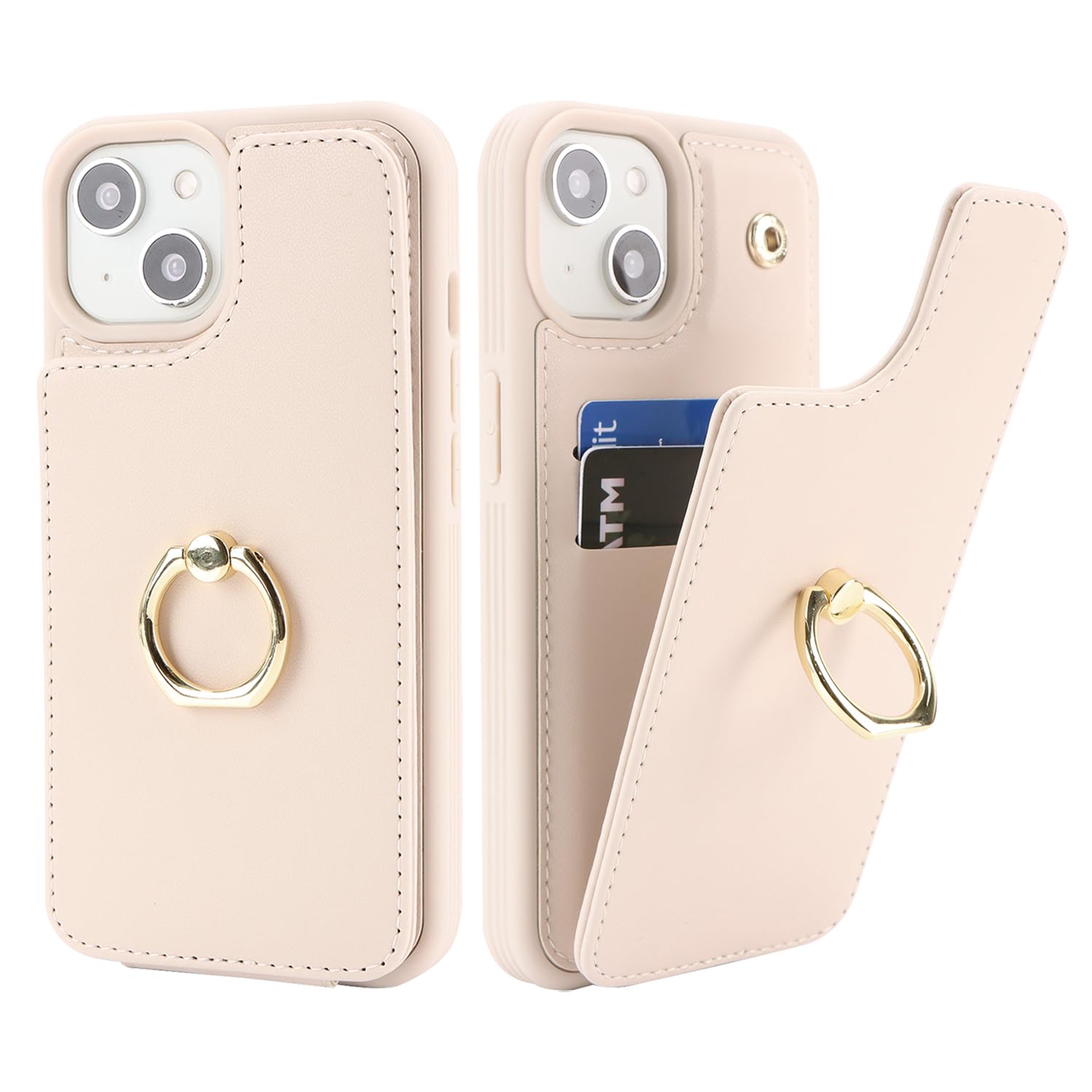 Lipvina for iPhone 15 Plus Case with Card Holder,Credit Card Holder,Ring Stand Kickstand,Flip Leather Shockproof Cute Phone Wallet Case for Women (6.7 inch,Beige)