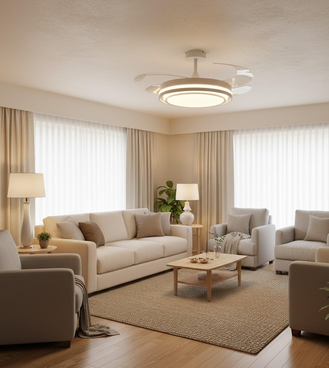 BEL AIR HOME - Ventilador de Techo NIKOS Motor DC Aspas Desplegables Retráctiles Luz LED 36W 3000K/4000K/6500K Mando a Distancia Eficiencia Energética Diseño Moderno Blanco 50x50x35 cm