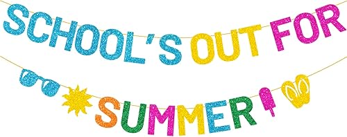 JOZON Cartel colorido con purpurina para la escuela para el verano con gafas de sol para el sol, pantuflas de fin de año, verano, vacaciones,