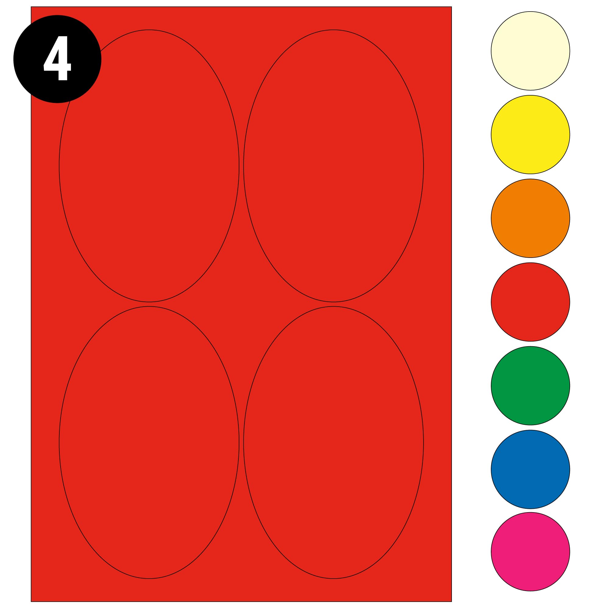 L&B Colour Range - Oval Labels – 3 Sizes & 7 Vibrant Colors – A4 Sheet – Compatible with Laser & Inkjet Printers (Red, 4 Labels Per Sheet - 100 Sheets)