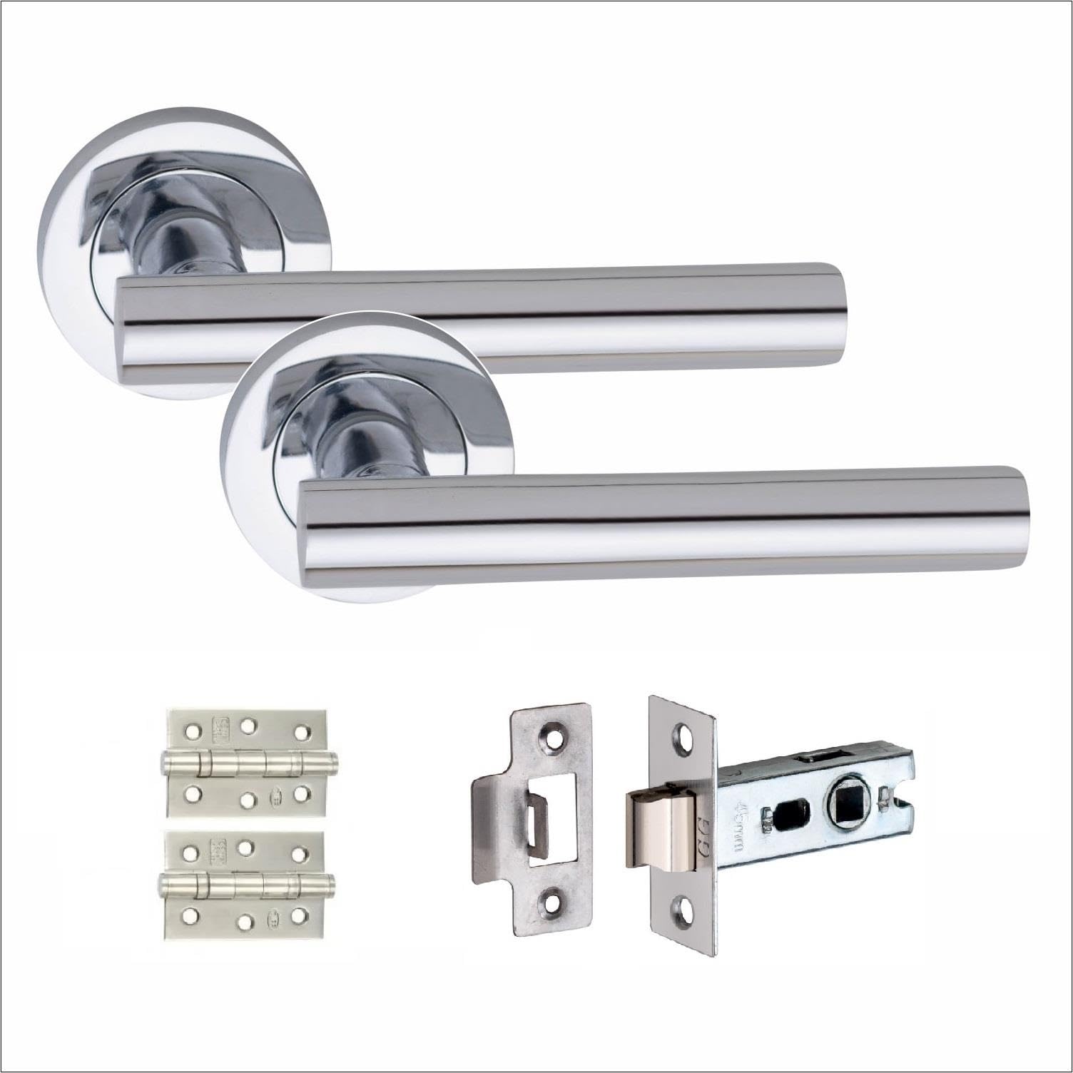 Golden Grace 1 Set Straight T-Bar Design Door Handles with Tubular Latch and 1 Pair of 3" Ball Bearing Hinges Polished Chrome Finish