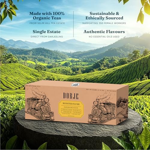 Image of Dorje Teas Roasted Flush Darjeeling Black Tea | 30 Pyramid Teabags (Pack of 1) | Selim Hill Estate | Rich & Bold Roasted Flavour | 100% Single Estate Whole Leaf | No Dust or Fannings | 30 Cups