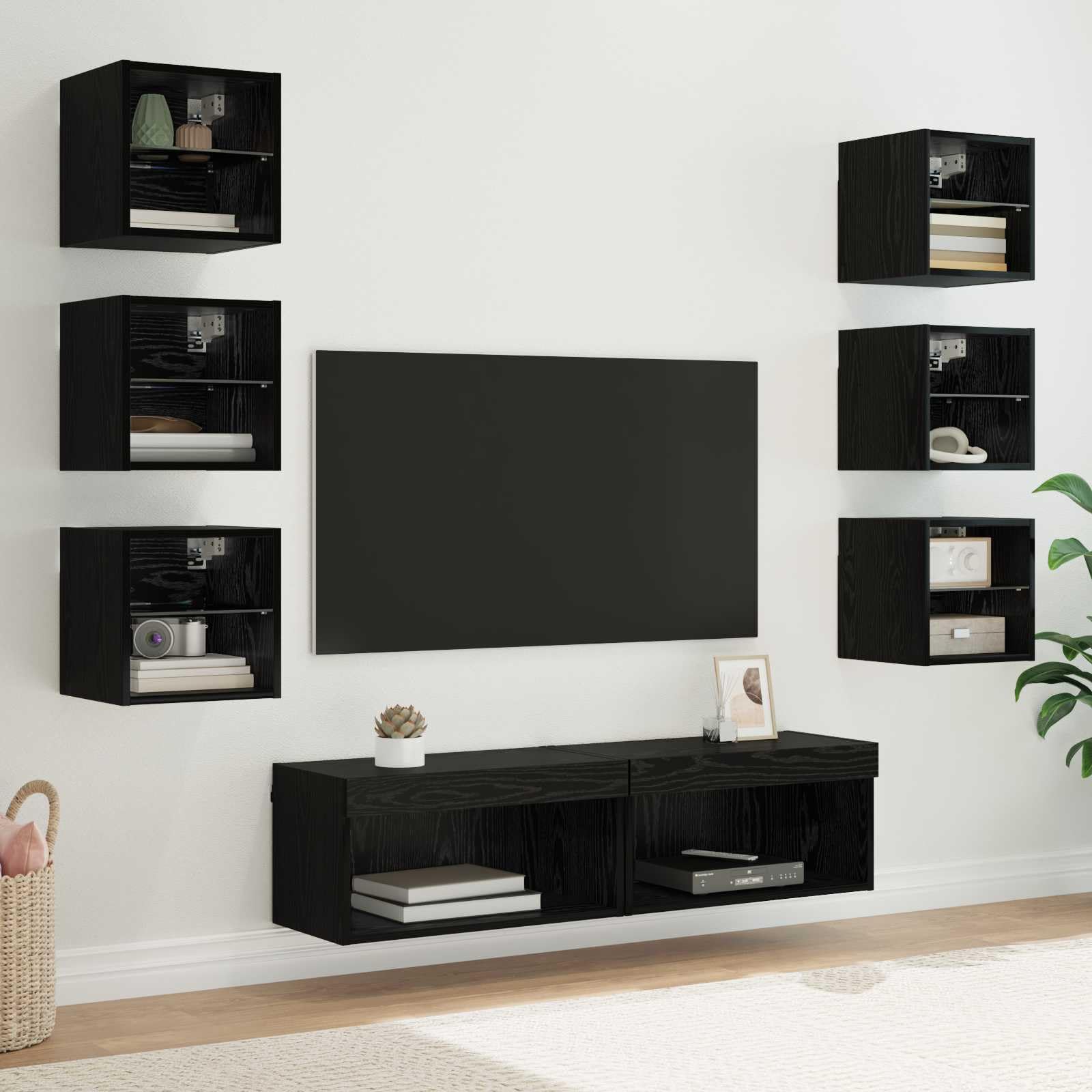 Mueble de TV con tiras de luz LED, efecto roble negro, 8 piezas, montaje en pared, con cajón, compartimento, estante y espacio de almacenamiento para sala de estar, cine en casa, juegos