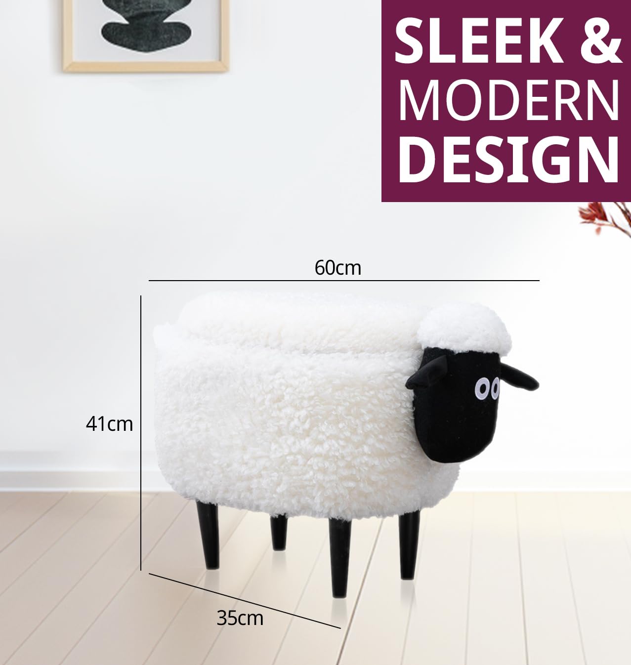 Hallowood ANI-SHE2 Taburete ovejas Animales para niños con Tapa, baúl de Almacenamiento de Juguetes/otomana/Asiento, Madera, Espuma, Lino, Blanco