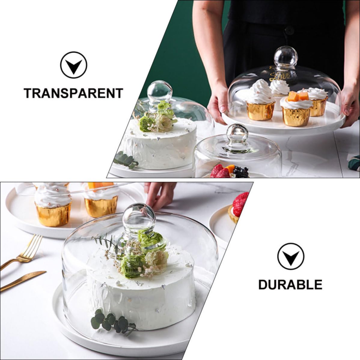 POPETPOP Bandeja para Tartas Soporte Dustproof con Tapa Transparente de Vidrio y Cerámica de Color Claro Diseño Delicado y Funcional Adecuado para Fiestas y Bodas